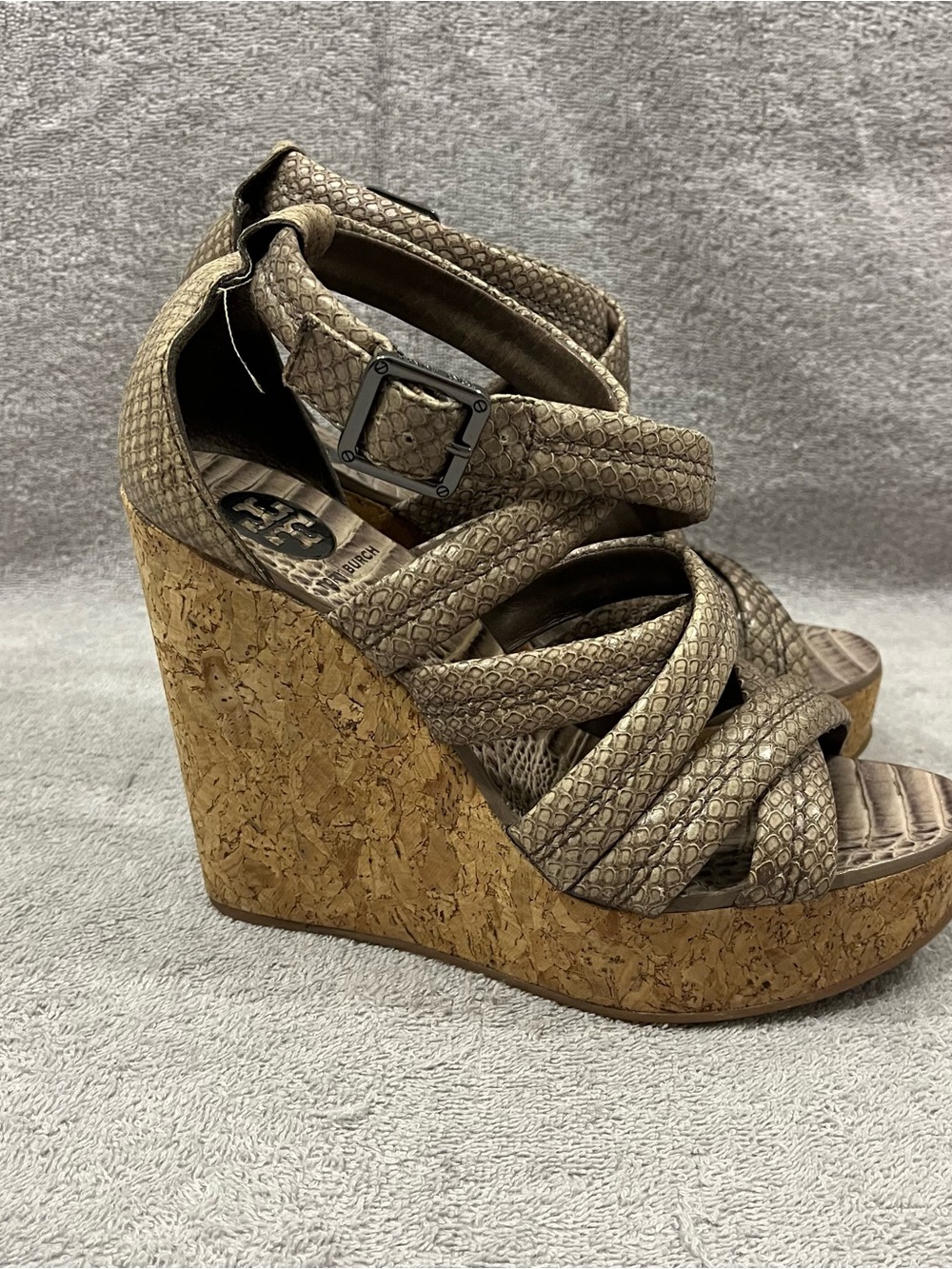 Tory Burch Jeanine Snake Print Leather Strap Cork Wedge Sandals Womens Size 7M